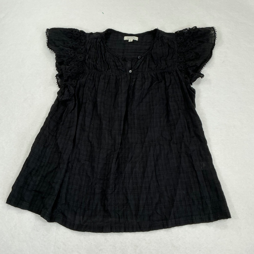 Max Studio Black Gauze Lace Flutter Sleeve Blouse XL Boho Crochet Top 2706C79